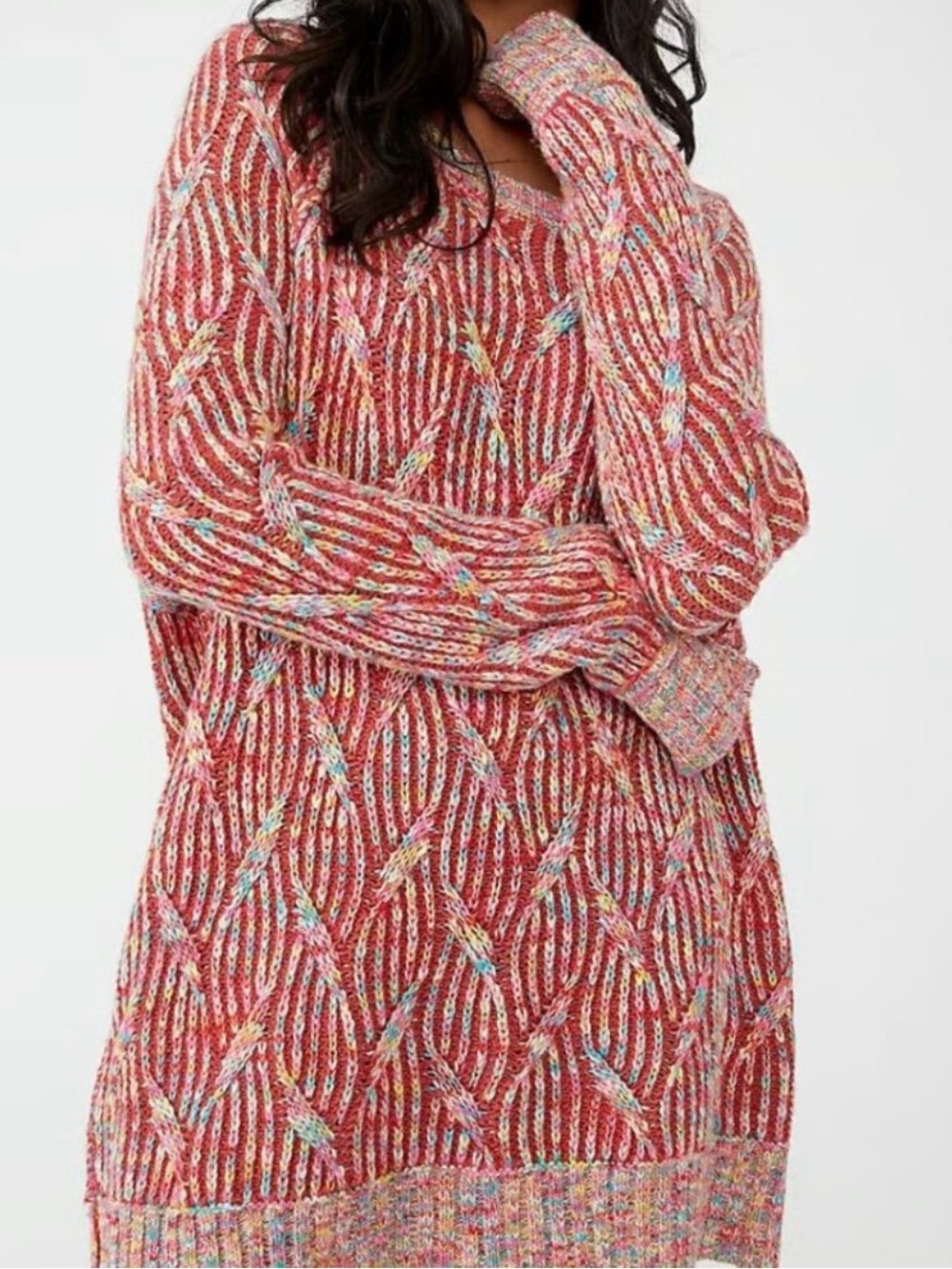 FREE PEOPLE Neptune Pullover Sweater in Red Confetti Chunky Knit